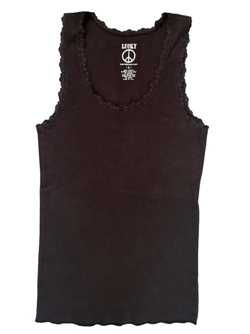 Vintage Lucky Brand Peace & Love Floral Plum Blossom Black Tank Lace Trim Size L - Picture 2 of 6